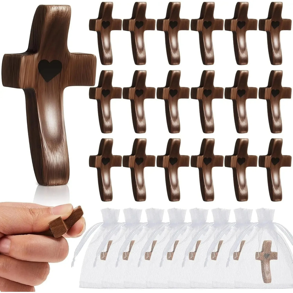 Mini Black Walnut Pocket Cross Set – Handcrafted Spiritual Gift Wooden Pocket Cross PLUSH Brown-12PCS