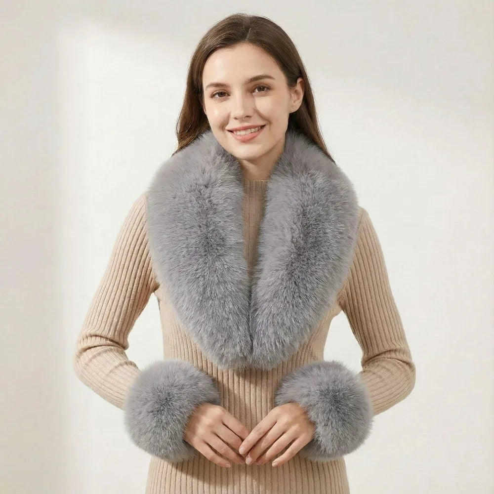 Faux Fur Scarf & Cuffs Set – Detachable Neck Warmer Women Faux Fur Scarf Set PLUSH