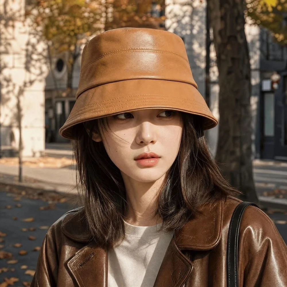 Women's PU Leather Wide Brim Bucket Hat – Packable Sun Hat Bucket Hat PLUSH
