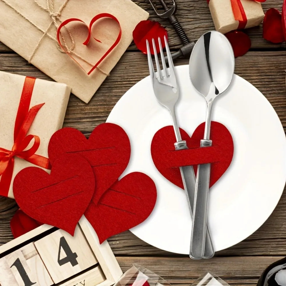 Heart Shaped Felt Flatware Holders – Red Valentine Table Decor Flatware Holders PLUSH