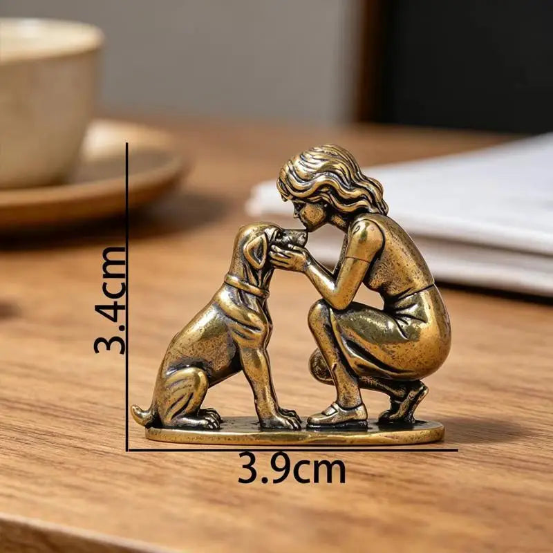 Brass Girl & Dog Figurine – Retro Mini Desktop Ornament Decor Brass Desktop Figurine PLUSH