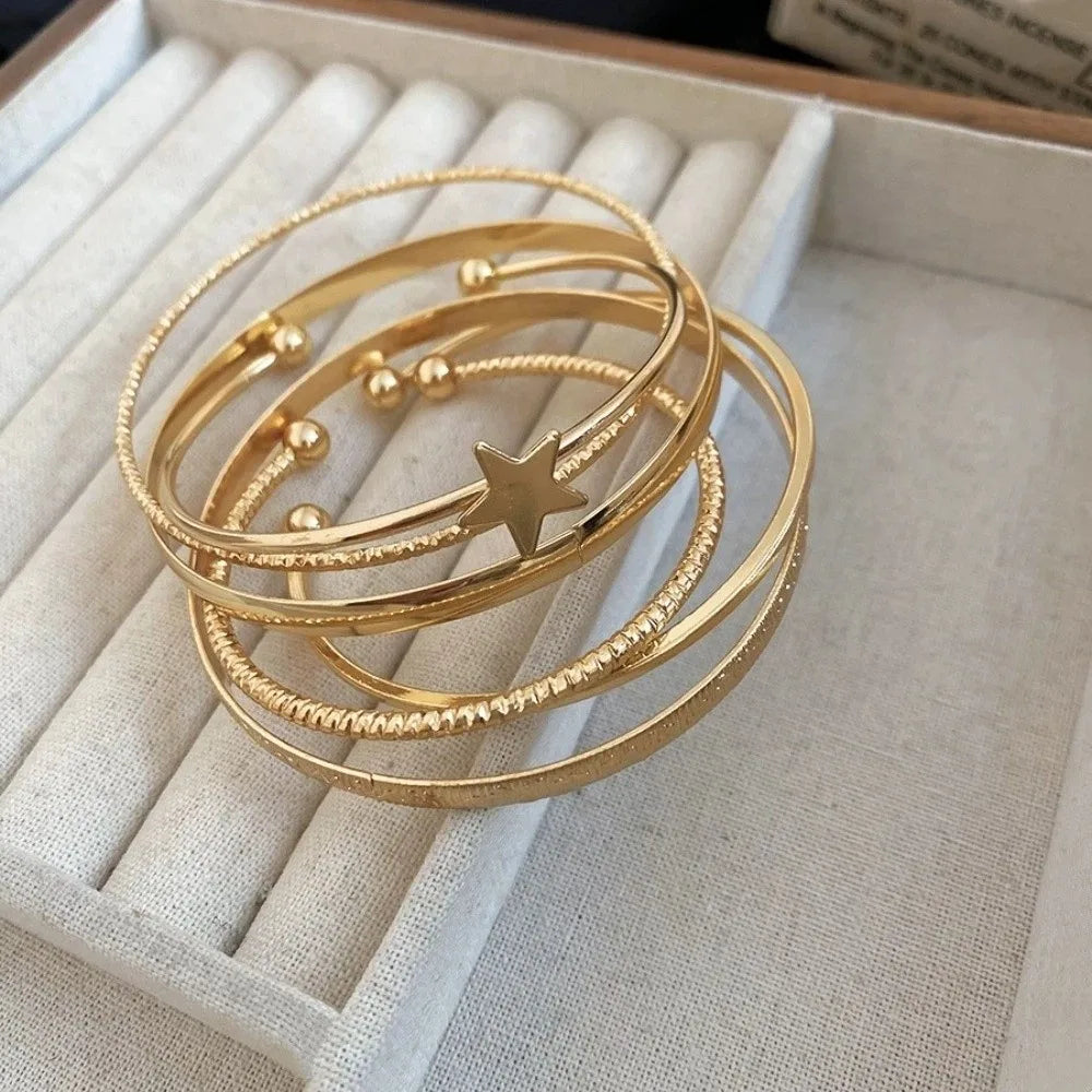 Gold Silver Cuff Bangle Set – Star Pentagram Y2K Bracelets Cuff Bangle Set PLUSH 6.9cm Gold 6PCS