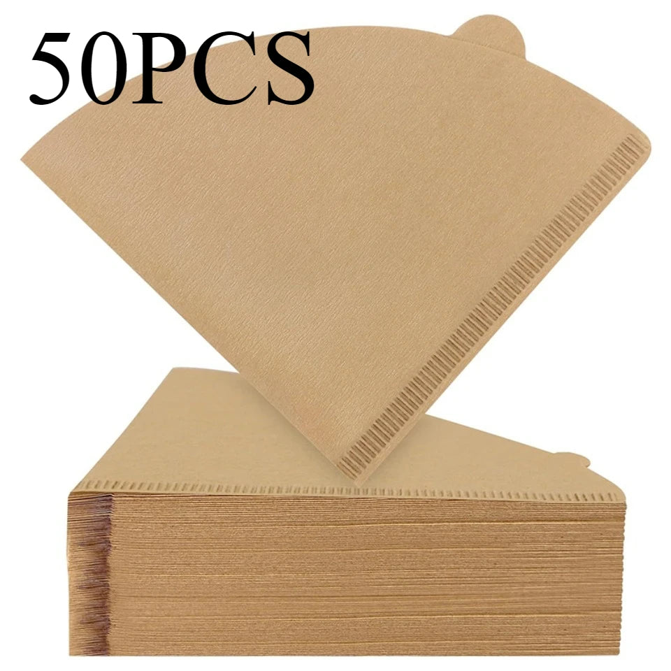 50/100pcs Disposable Wood Pulp Cone Coffee Filter Papers Coffee Filter Papers PLUSH Brown-50PCS