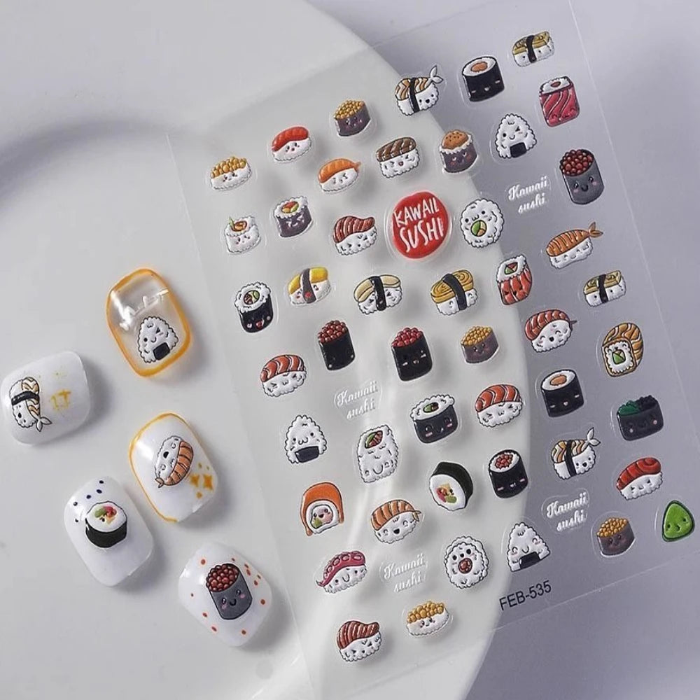 Cute Sushi 3D Embossed Nail Stickers – Waterproof DIY Nail Art 3D Nail Stickers PLUSH 3D