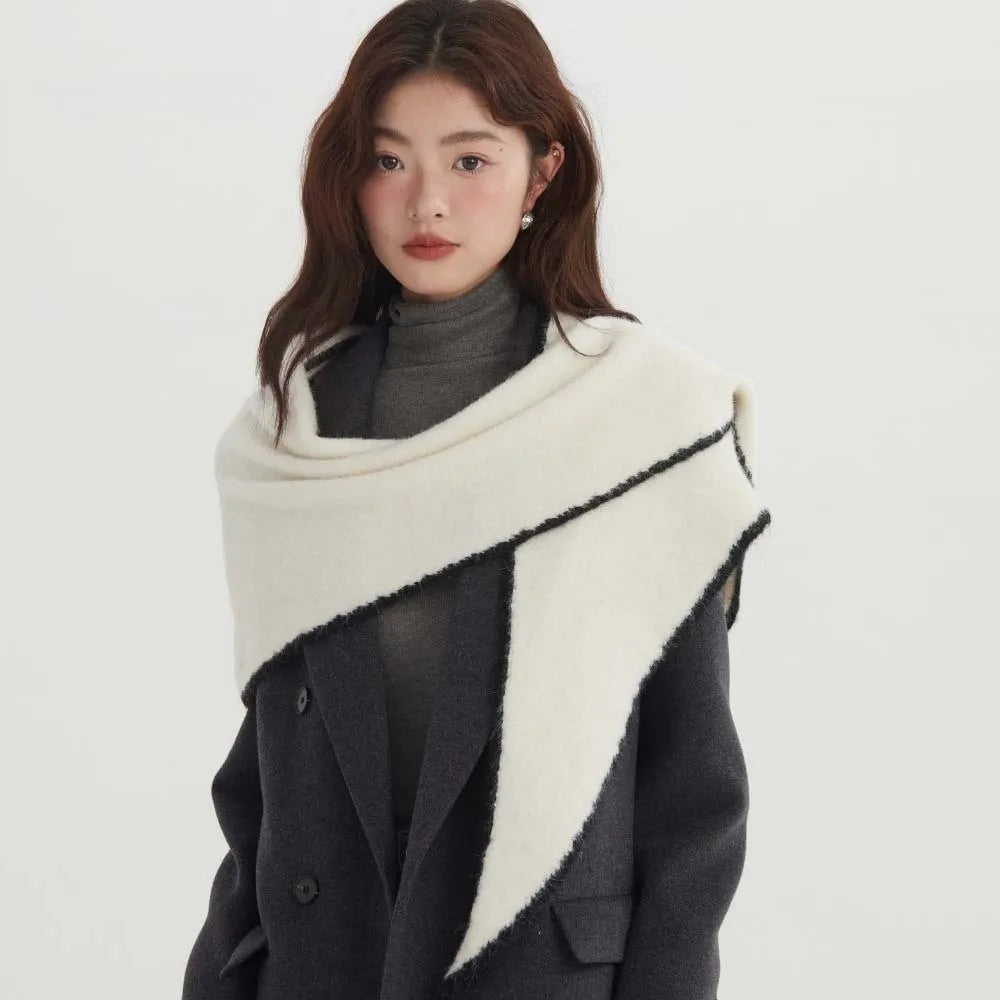 Women's Triangle Shawl Scarf – Soft Knit Wool Blend Cape Triangle Shawl Scarf PLUSH White
