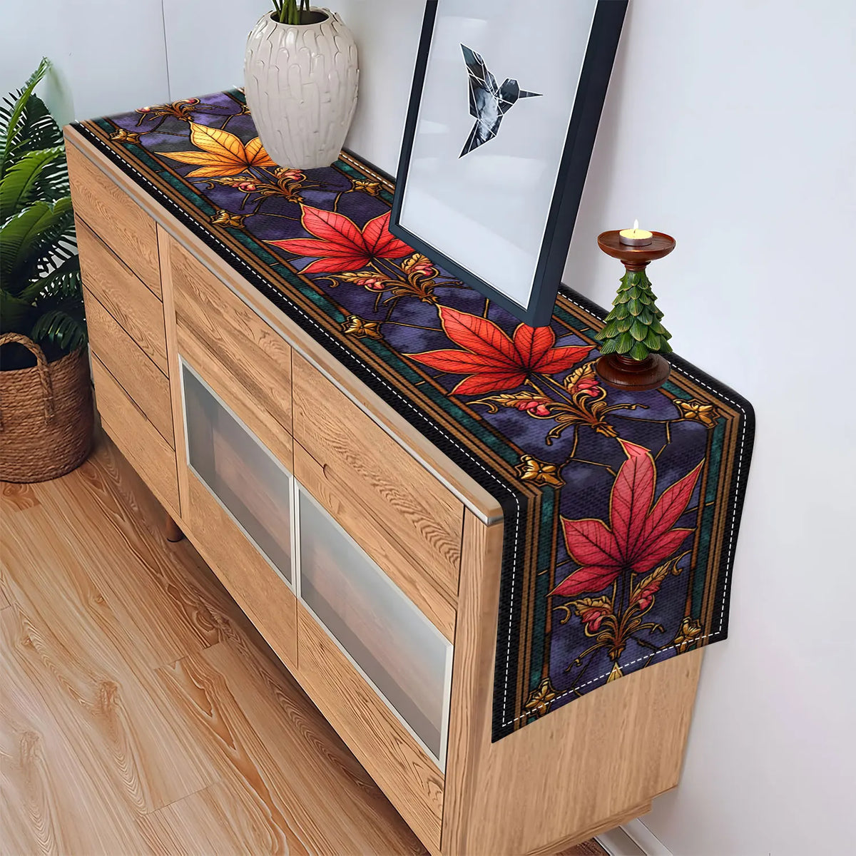 Vintage Maple Leaf Table Runner | Retro Colorful Décor Table Runner PLUSH