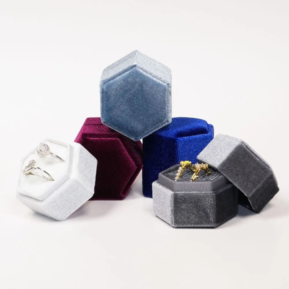 Velvet Hexagon Ring Box – Double Slot Jewelry Display Case Ring Display Box PLUSH