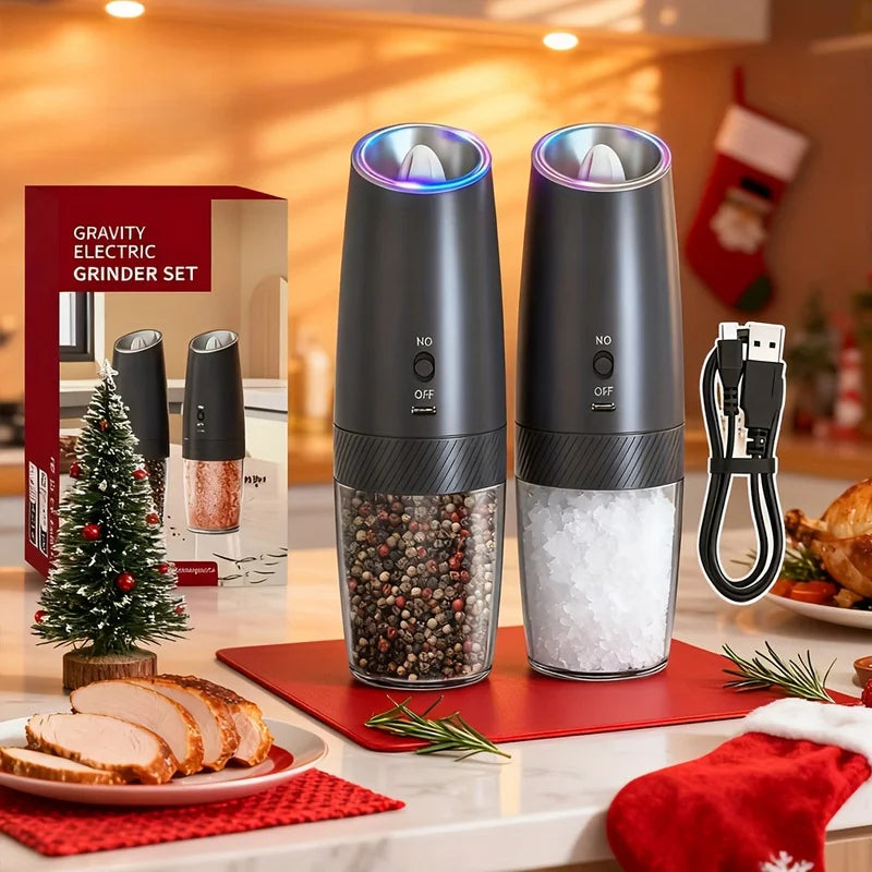 2-Pack Electric Salt & Pepper Grinder Set | USB, LED, Gravity Electric Spice Grinder PLUSH