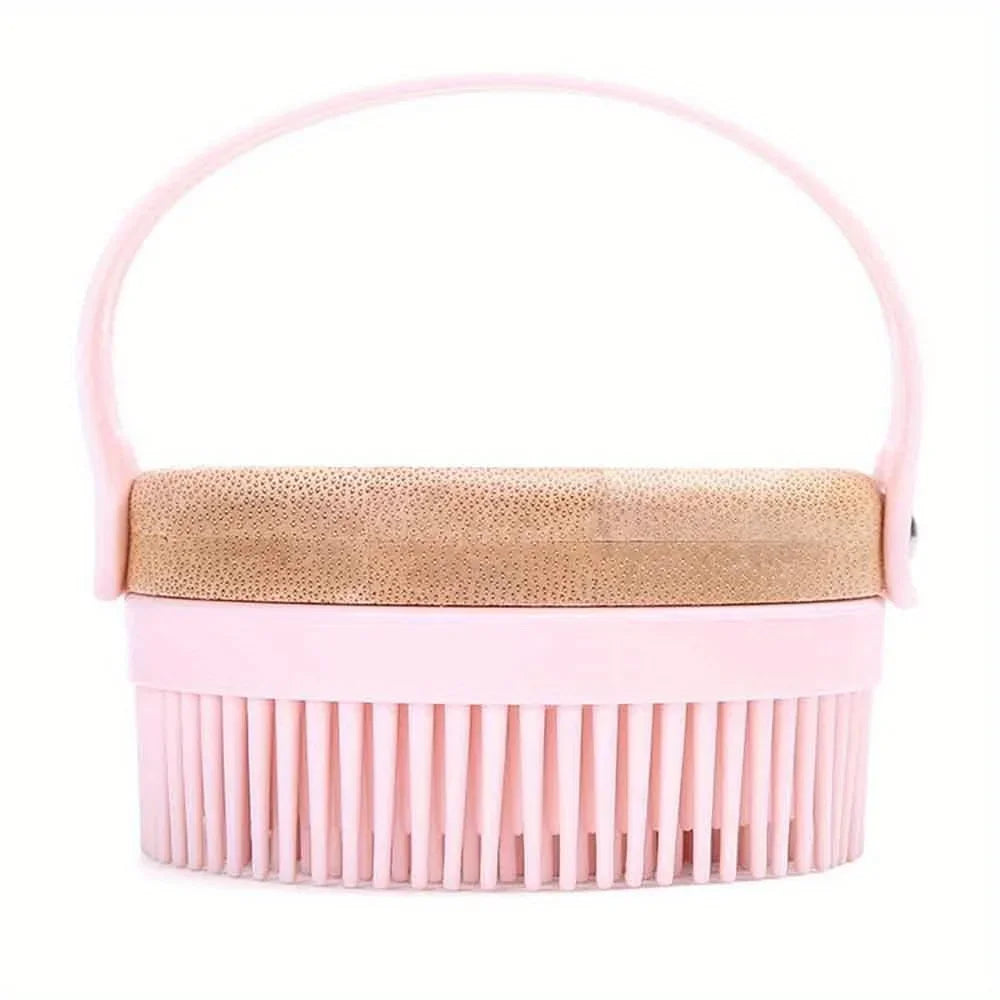 Wooden Silicone Body Scrub Brush – Soft Bristle Bath Exfoliator Bath Scrub Brush PLUSH Pink