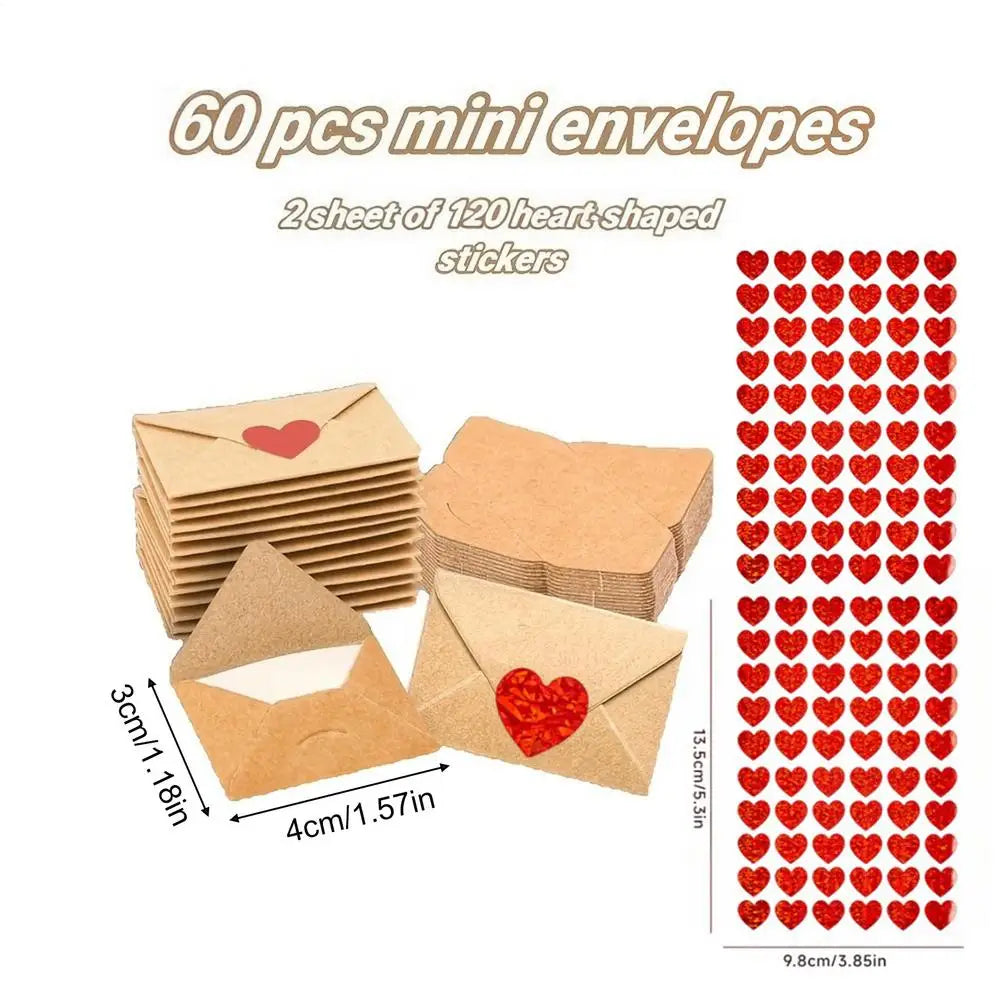 60pcs Mini Envelopes Heart Stickers & Love Note Cards Set Love Note Card Set PLUSH 60Pcs