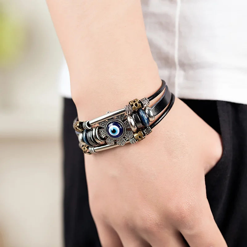 Evil Eye Turkish Multilayer Black Leather Bracelet for Men Leather Charm Bracelet PLUSH