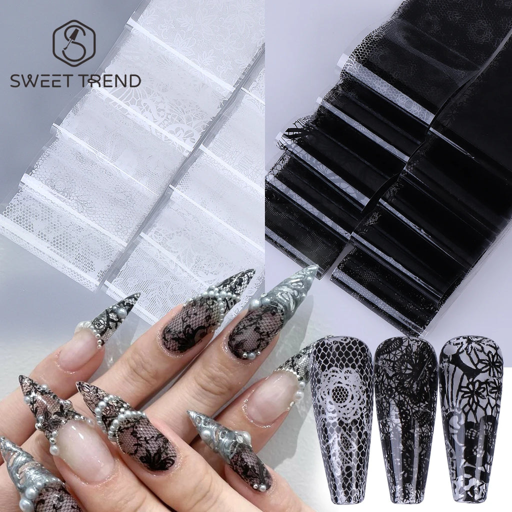Black White Lace Floral Nail Transfer Foils 10/20pcs Nail Transfer Foils PLUSH