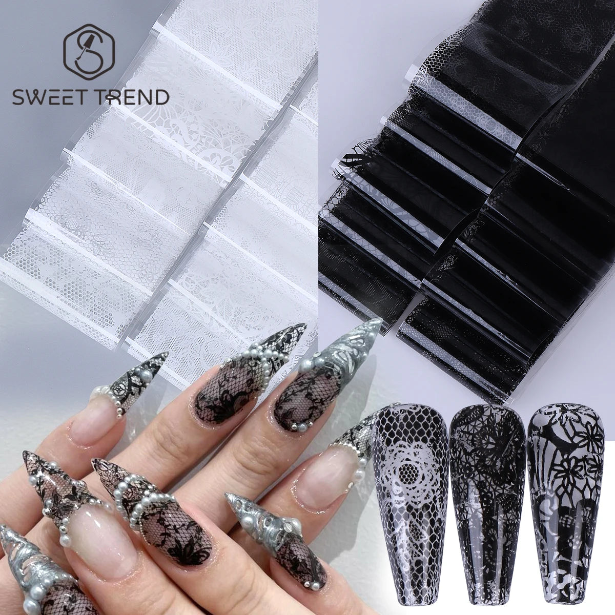 Black White Lace Floral Nail Transfer Foils 10/20pcs Nail Transfer Foils PLUSH