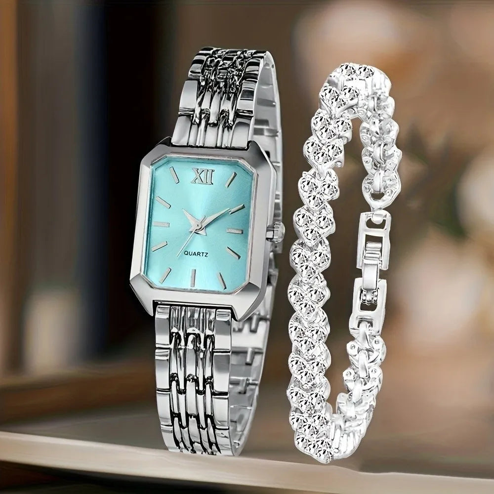 Women's Quartz Watch & Rhinestone Bracelet Set | Rectangle Dial Watch & Bracelet Set PLUSH Style 6