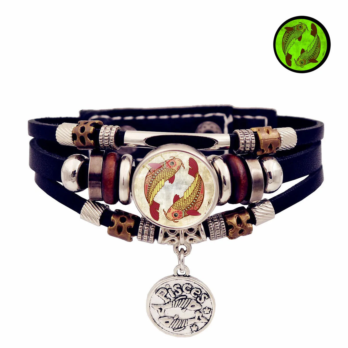 Glow Zodiac Constellation Leather Charm Bracelet – Unisex Charm Bracelet PLUSH 2-Pisces