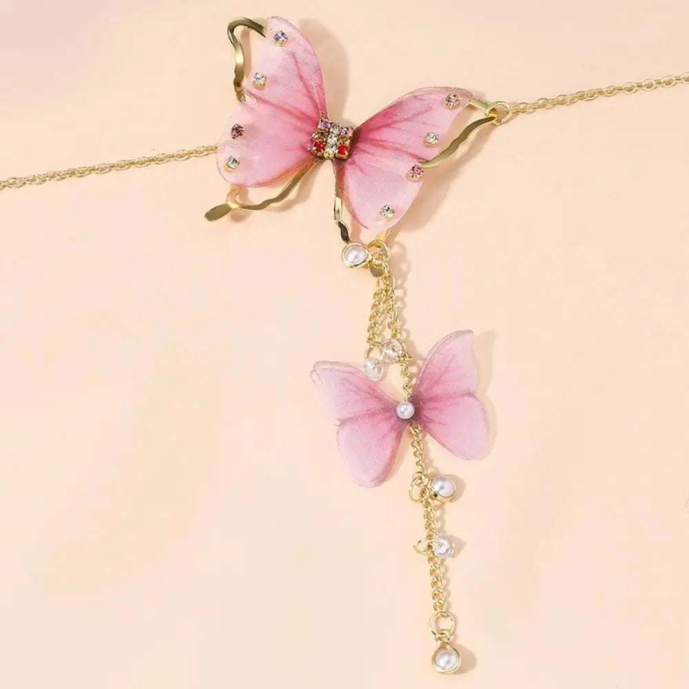 Tulle Butterfly Pendant Necklace – Rhinestone Pearl Korean Style Pendant Necklace PLUSH pink