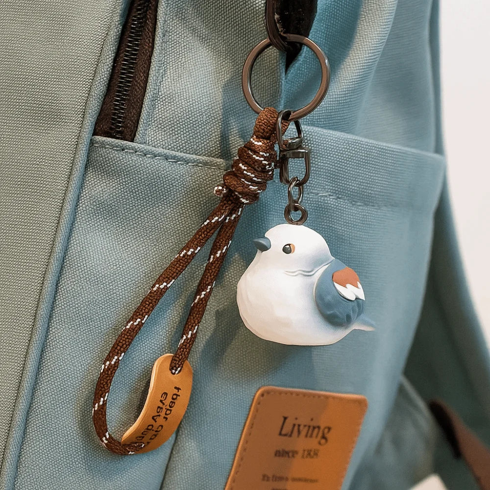 Kawaii Bird Keychain – Wood Carving Style Blue Tit Sparrow Animal Keychain PLUSH