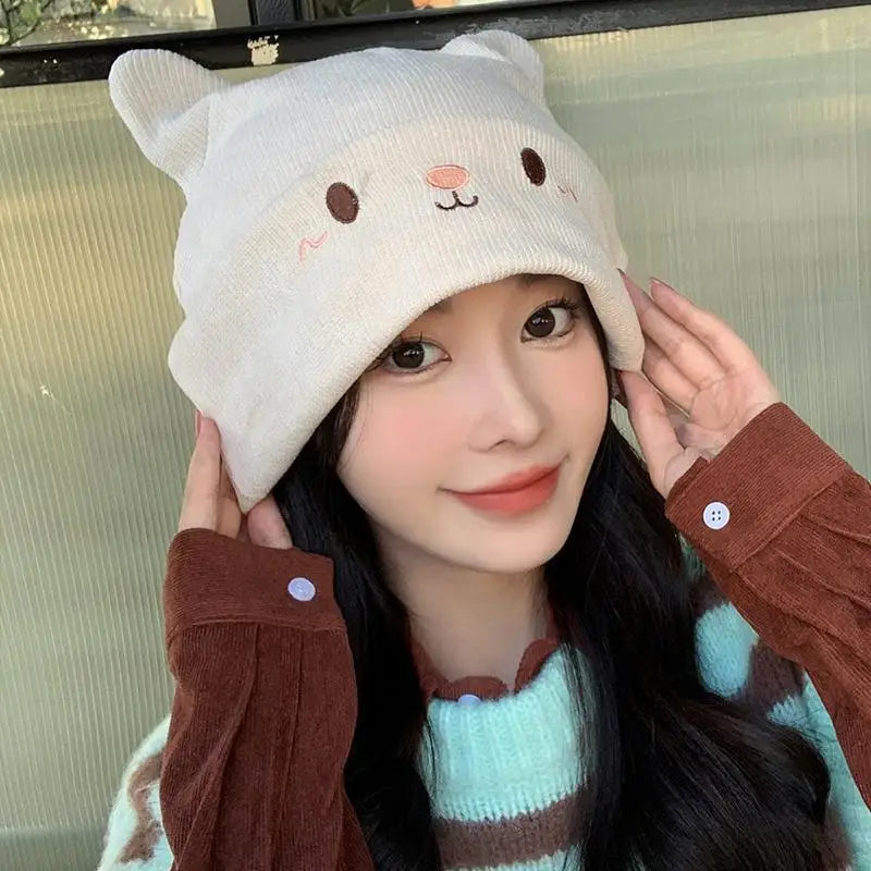 Kawaii Cat Ear Knit Beret – Oversized Stretchy Beanie for Women Knit Beret Hat PLUSH
