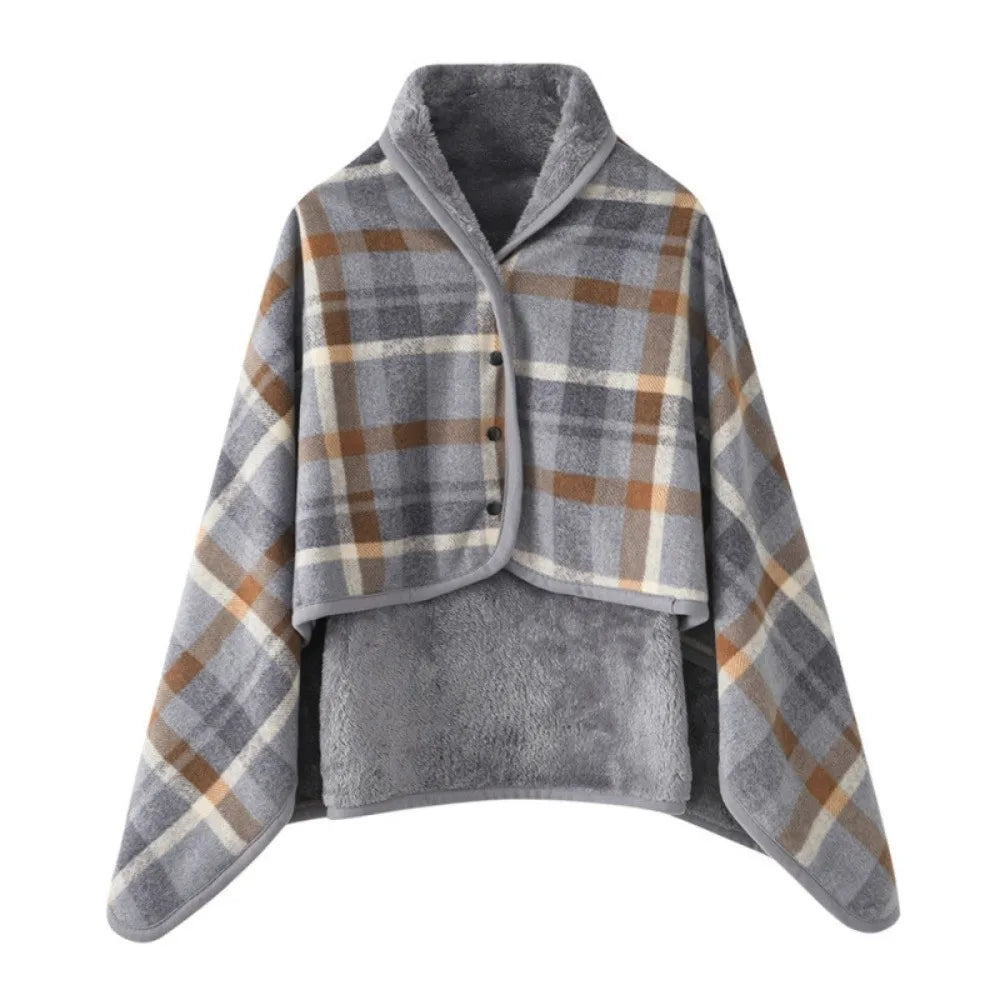 Flannel Wearable Blanket Shawl | Plaid Throw Button Closure Wearable Shawl Blanket PLUSH Grey