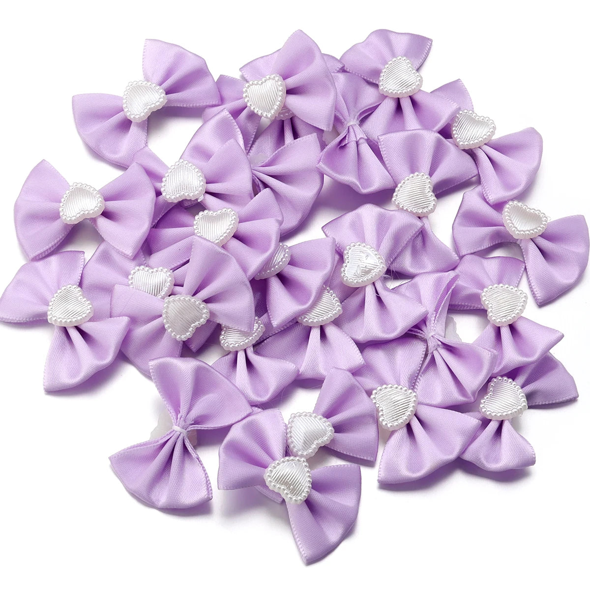 20pcs Satin Ribbon Bows with Pearl Heart – DIY Hair & Gift Decor Bow Appliques PLUSH Purple