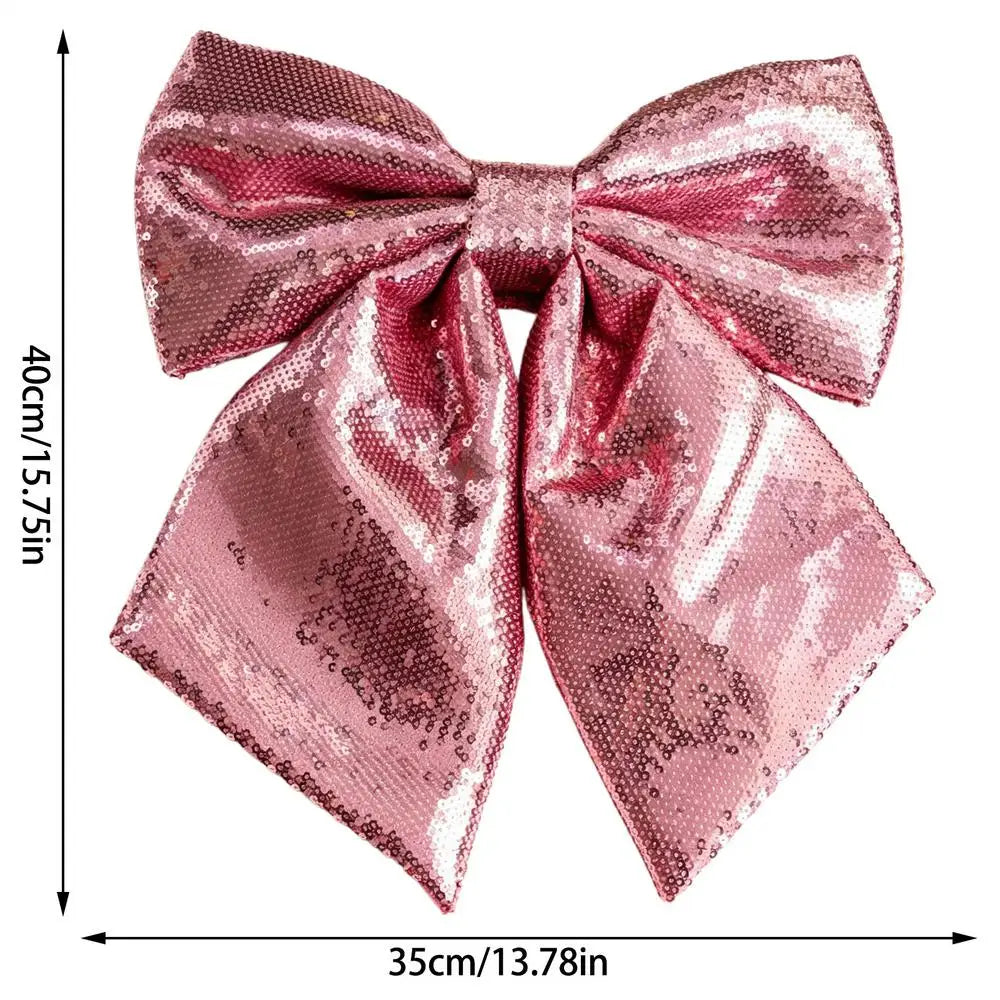Large Glitter Sequin Christmas Tree Topper Bow – Red & Silver Christmas Tree Bow PLUSH Pink 1PC