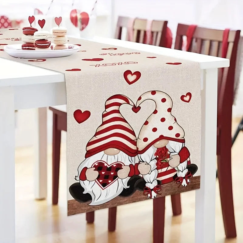 Valentine's Day Gnome Couple Table Runner – Red Heart Design Holiday Table Runner PLUSH