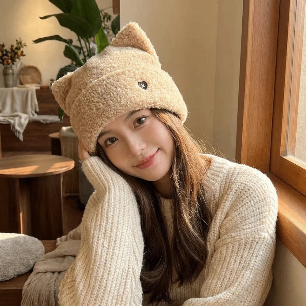 Fluffy Cat Ear Beanie Hat – Soft Plush Knit Winter Cap Plush Beanie Hat PLUSH