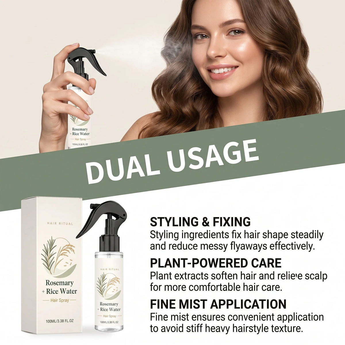 Volumizing Hair Spray with Rosemary & Rice Water – 100ml Hair Styling Spray PLUSH