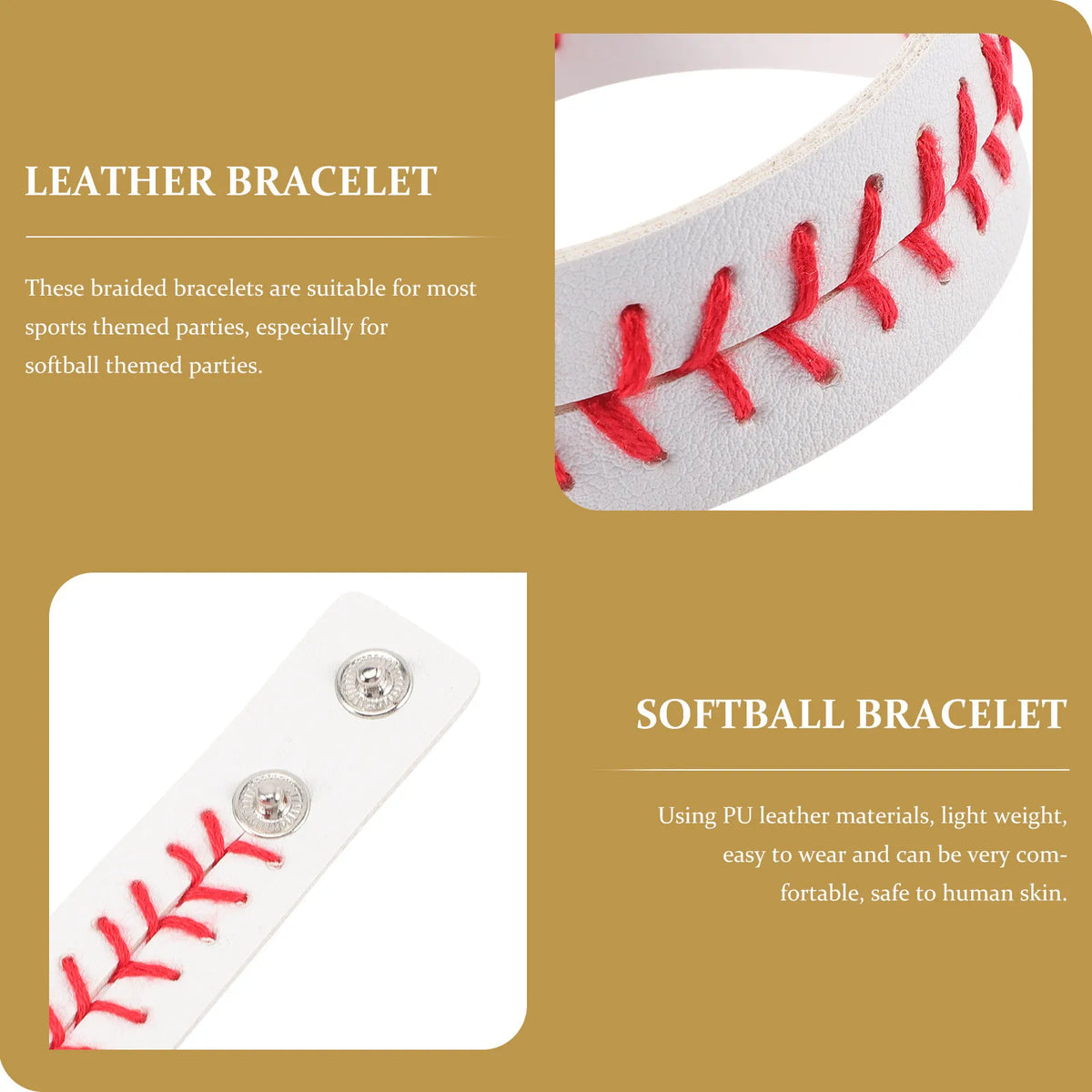 Baseball Braided PU Leather Snap Bracelets 2-Pack Wristbands Braided Snap Bracelet PLUSH