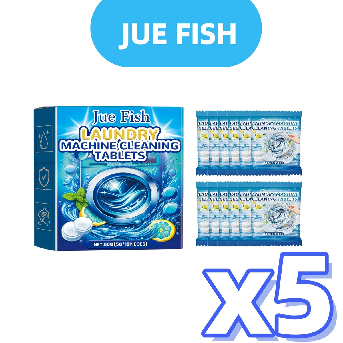 12pcs Washing Machine Cleaning Effervescent Tablets | Jue-Fish Washer Cleaning Tablets PLUSH 12pcs in boxed x 5