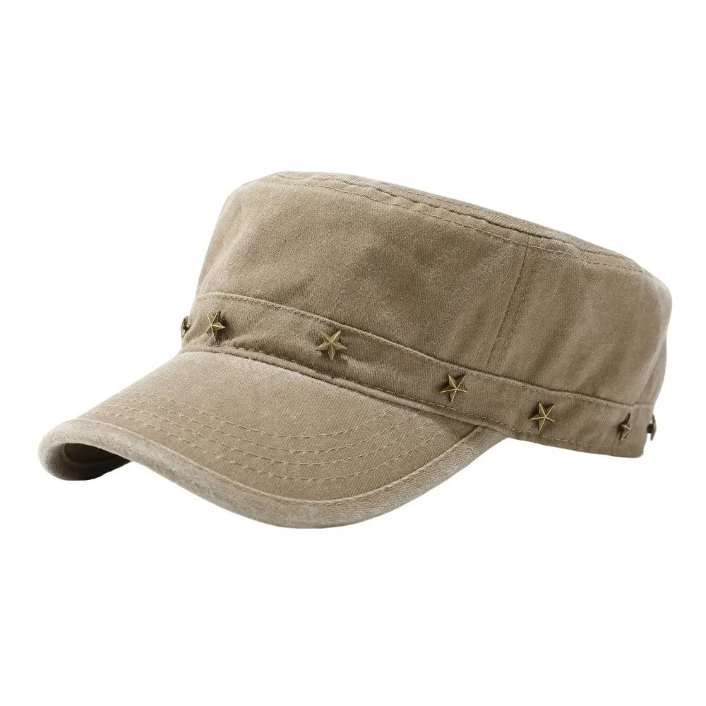 Washed Denim Flat Top Duckbill Cap – Retro Metal Rivet Hat Flat Top Cap PLUSH Khaki