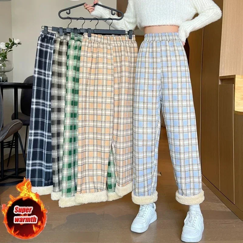 Women's Plush Wide-Leg Plaid Pants – Warm Loose Winter Trousers Wide-Leg Trousers PLUSH