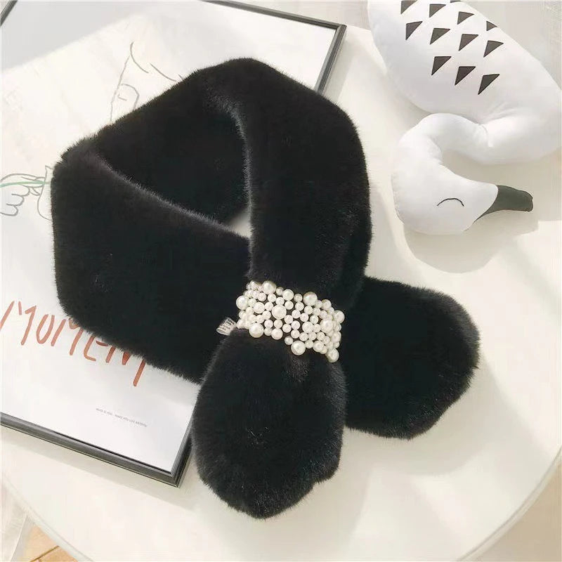 Women's Faux Rabbit Fur Scarf with Pearl Accents | Neck Warmer Faux Fur Scarf PLUSH
