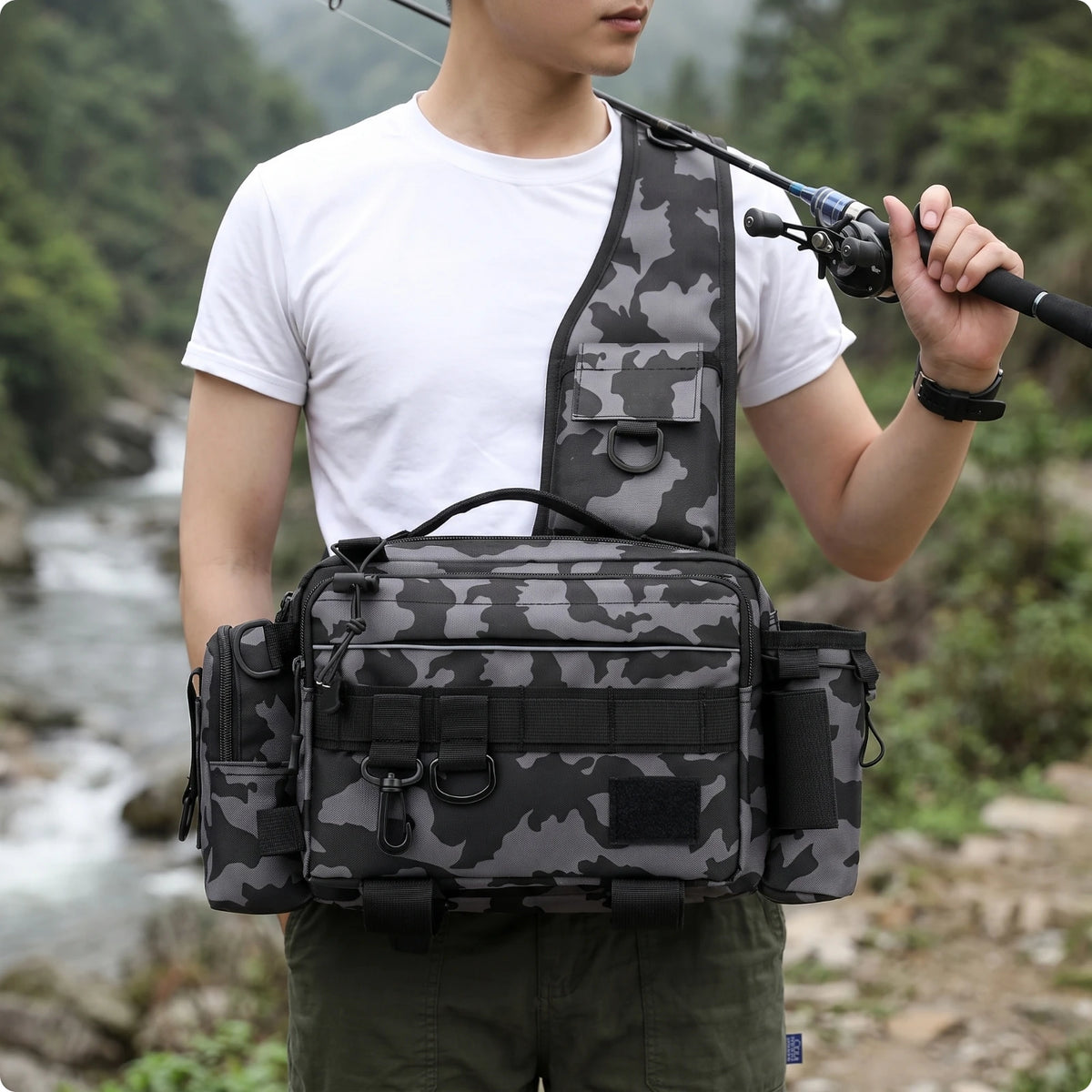 Fishing Waist Bag – Heavy-Duty Tackle Sling Pack Organizer Fishing Sling Pack PLUSH Gray Camouflage