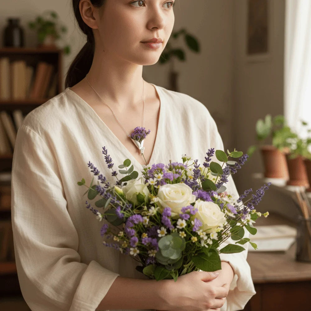 Silver Flower Bouquet Bow Pendant Necklace – Collarbone Chain Pendant Necklace PLUSH
