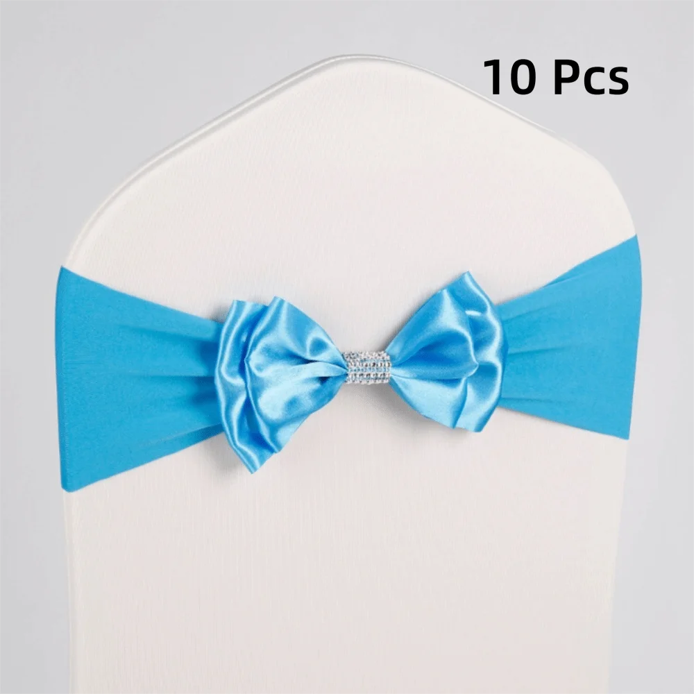 10pcs Satin Bow Chair Sashes – Elastic Spandex, No-Tie Chair Sash Bows PLUSH Sky Blue