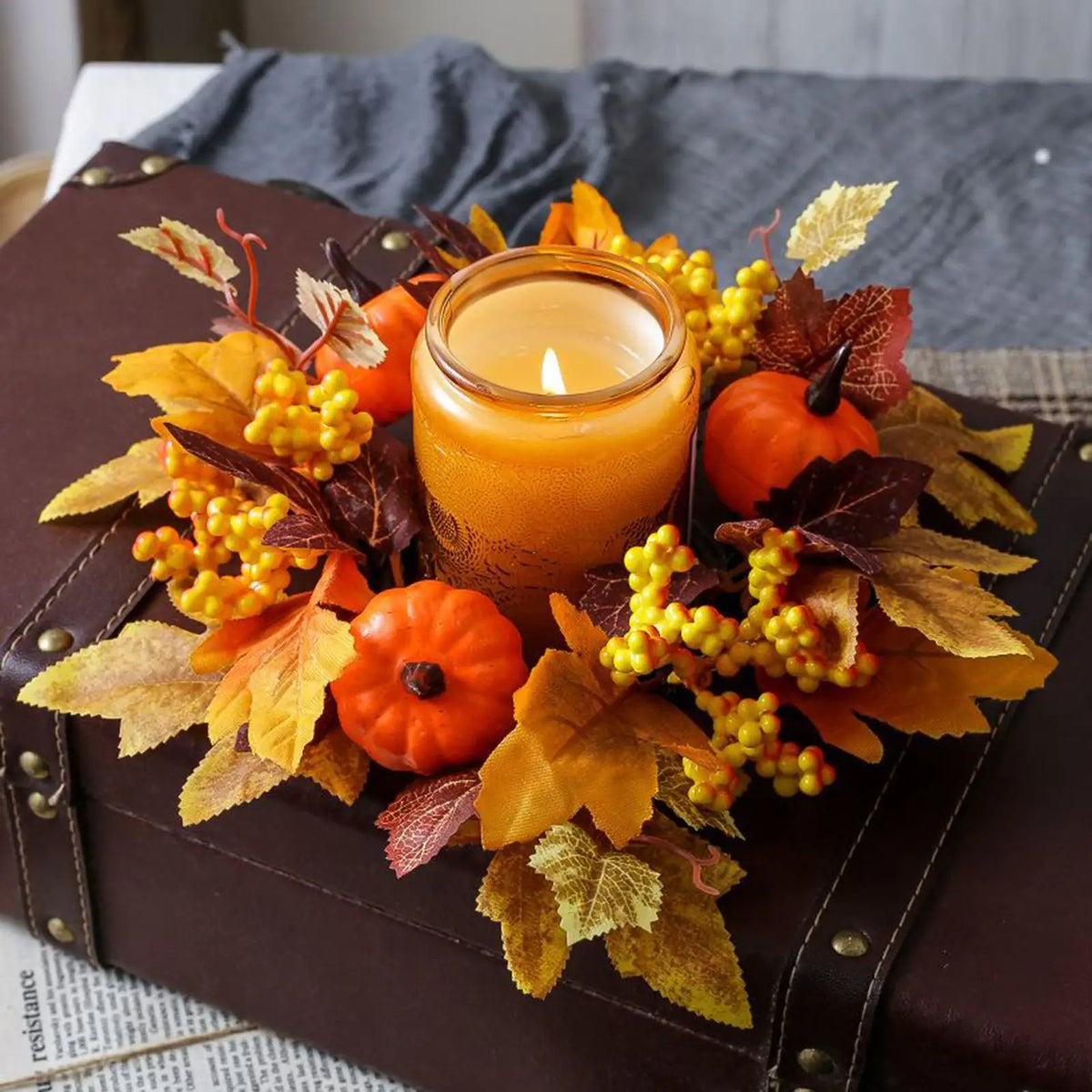 Fall Candle Ring Wreath – Maple Leaves, Pumpkins & Berries Candle Ring Wreath PLUSH