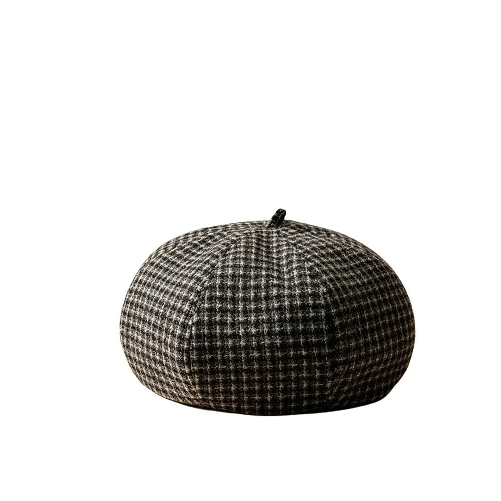 Women's Plaid Newsboy Beret Hat – Adjustable Japanese Style Newsboy Beret Hat PLUSH Black