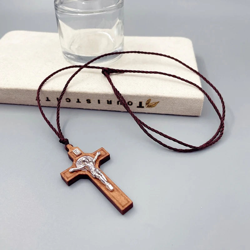 Wood & Metal Cross Necklace – Unisex Christian Faith Gift Cross Pendant Necklace PLUSH