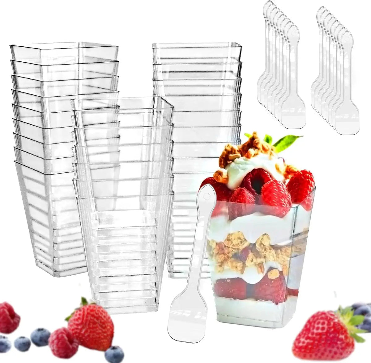 Square Plastic Dessert Cups with Spoons – Reusable Party Dessert Party Cups PLUSH