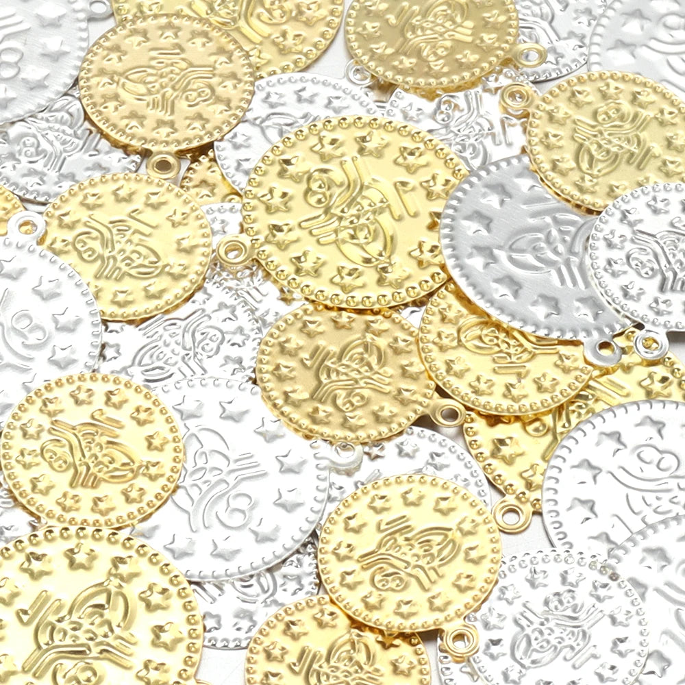 50-100pcs Vintage Embossed Iron Coin Pendants Gold Silver DIY Jewelry Coin Pendants PLUSH