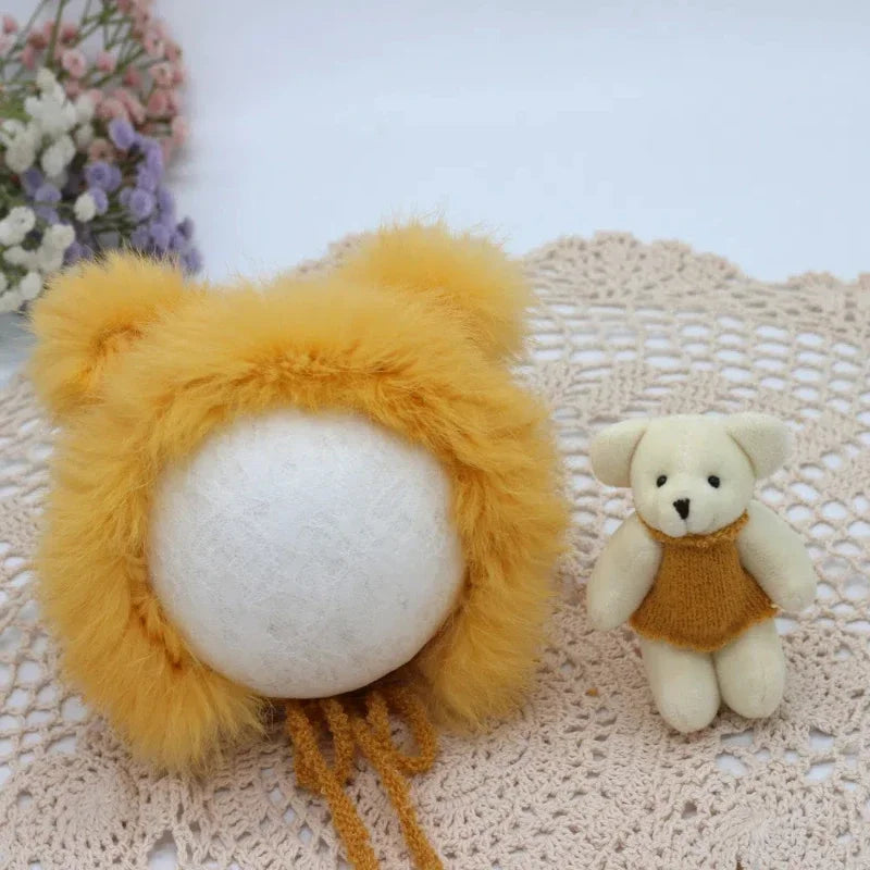 Newborn Photography Props Set – Rabbit Fur Hat & Teddy Bear Newborn Photo Props PLUSH