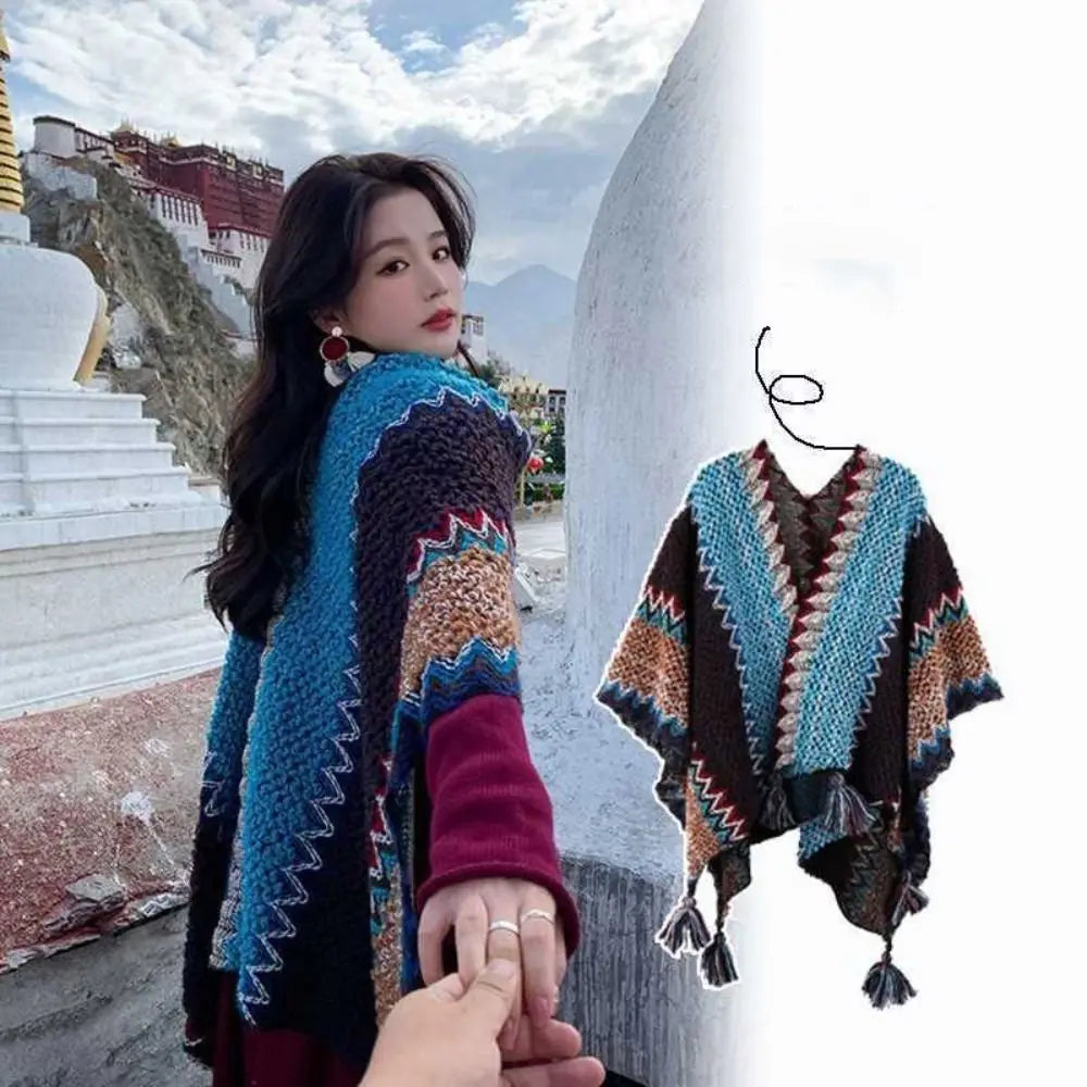 Women's Bohemian Knit Tassel Poncho Shawl – Ethnic Cape Wrap Knit Poncho Cape PLUSH