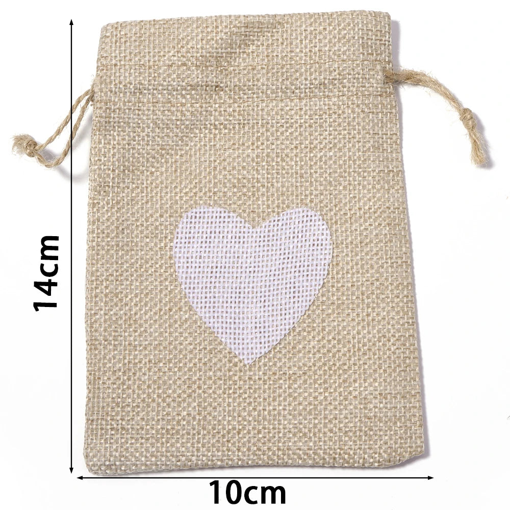 5pcs Heart Burlap Drawstring Gift Bags – Jute Wedding Pouches Burlap Gift Bags PLUSH Brown 10x14cm 5pcs