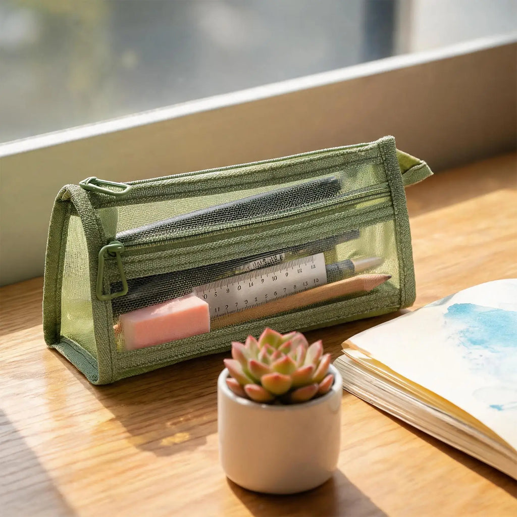 Clear Double-Layer Mesh Pencil Pouch with Zipper & Handle Mesh Pencil Pouch PLUSH