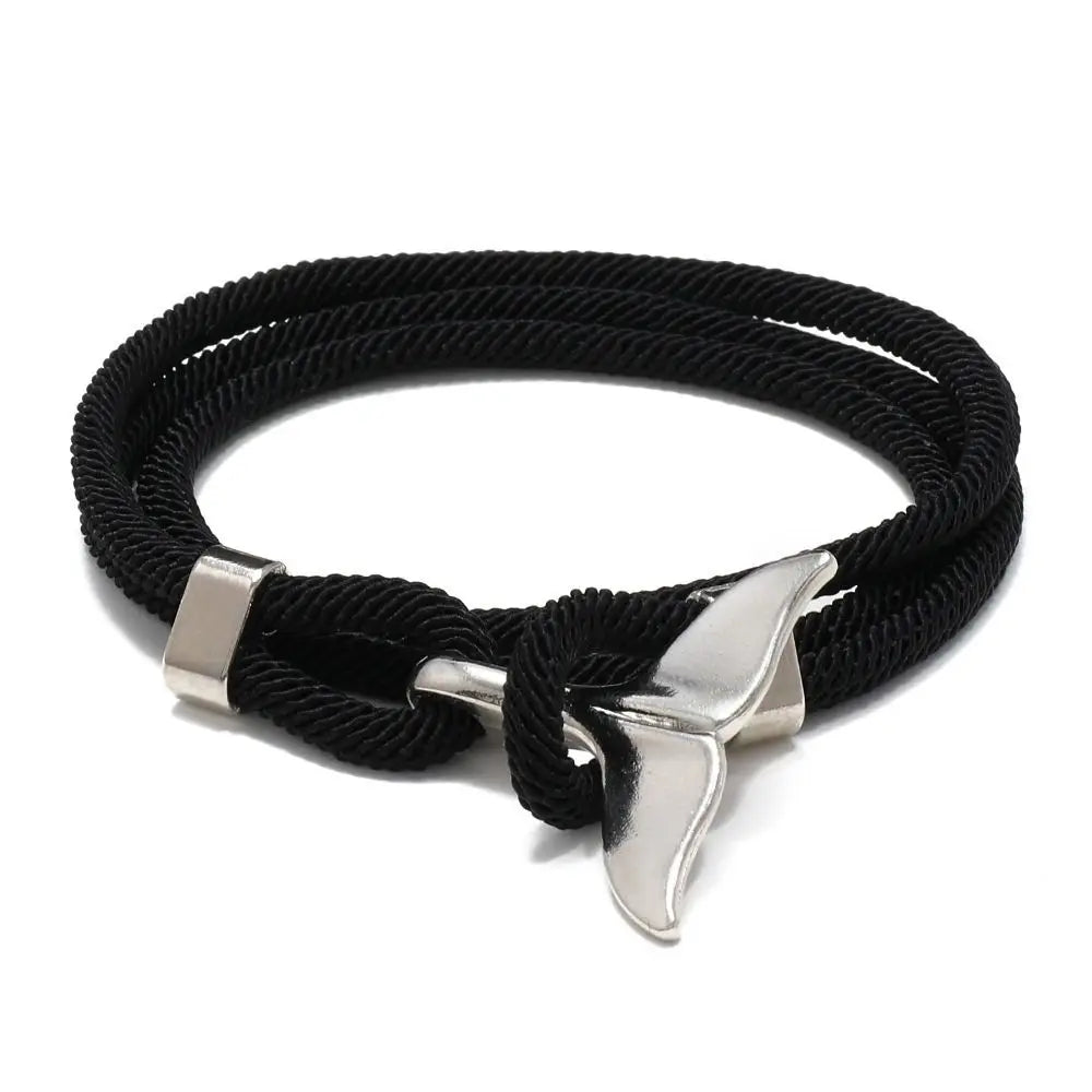 Whale Tail Braided Rope Charm Bracelet – Ocean Series Unisex Charm Bracelet PLUSH black-silver tail