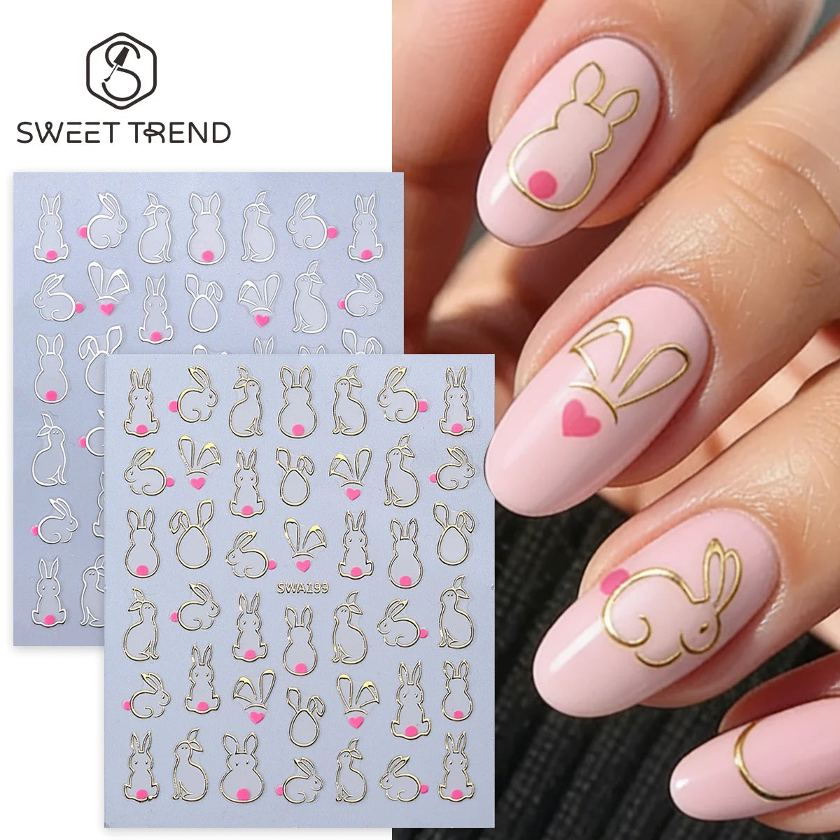 Hollow Bunny Nail Stickers Gold Silver Pink Easter Decals 2pcs Nail Art Stickers PLUSH