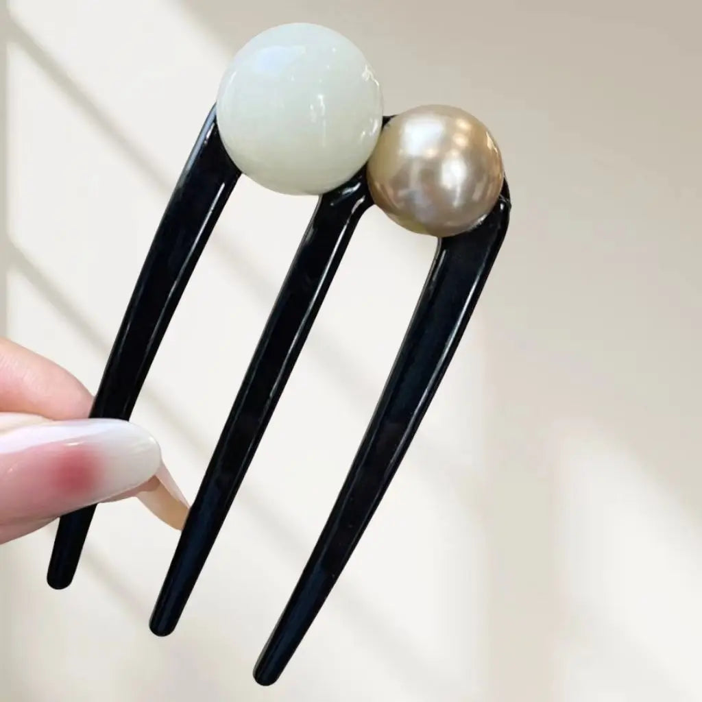 U-Shaped 3-Tooth Bead Hair Clip for Women – Coffee Updo Pin Bead Hair Clip PLUSH White Gold
