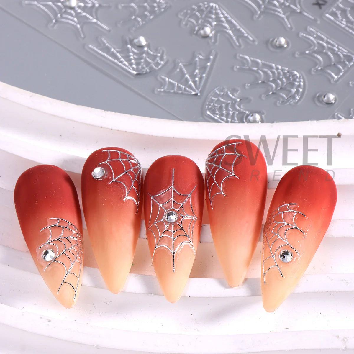 Spider Web Nail Stickers with Rhinestones – Gothic Halloween Decals Nail Art Stickers PLUSH