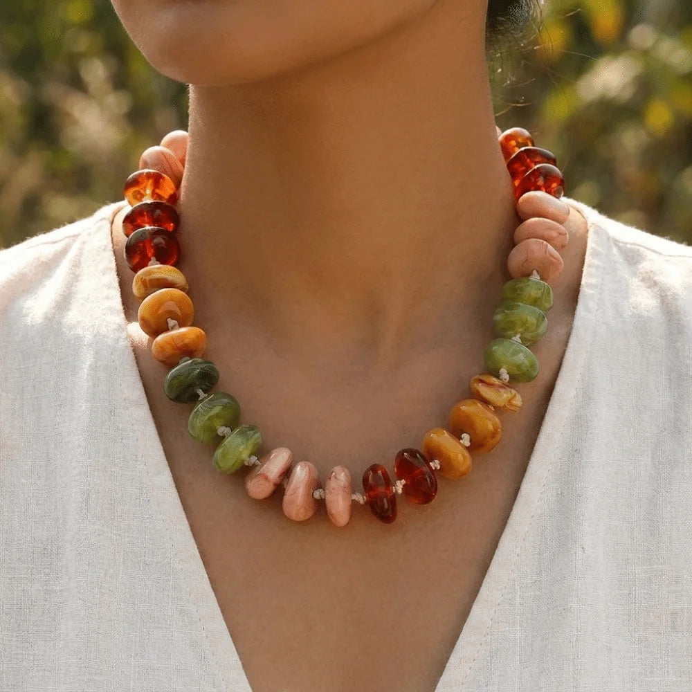 Resin Disc Bead Choker – Boho Dopamine Statement Necklace Beaded Choker Necklace PLUSH